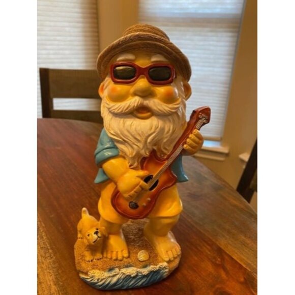 Garden Gnome with Guitar and Puppy, Polyresin Outdoor Decor, Funny Lawn Statue - Picture 1 of 2
